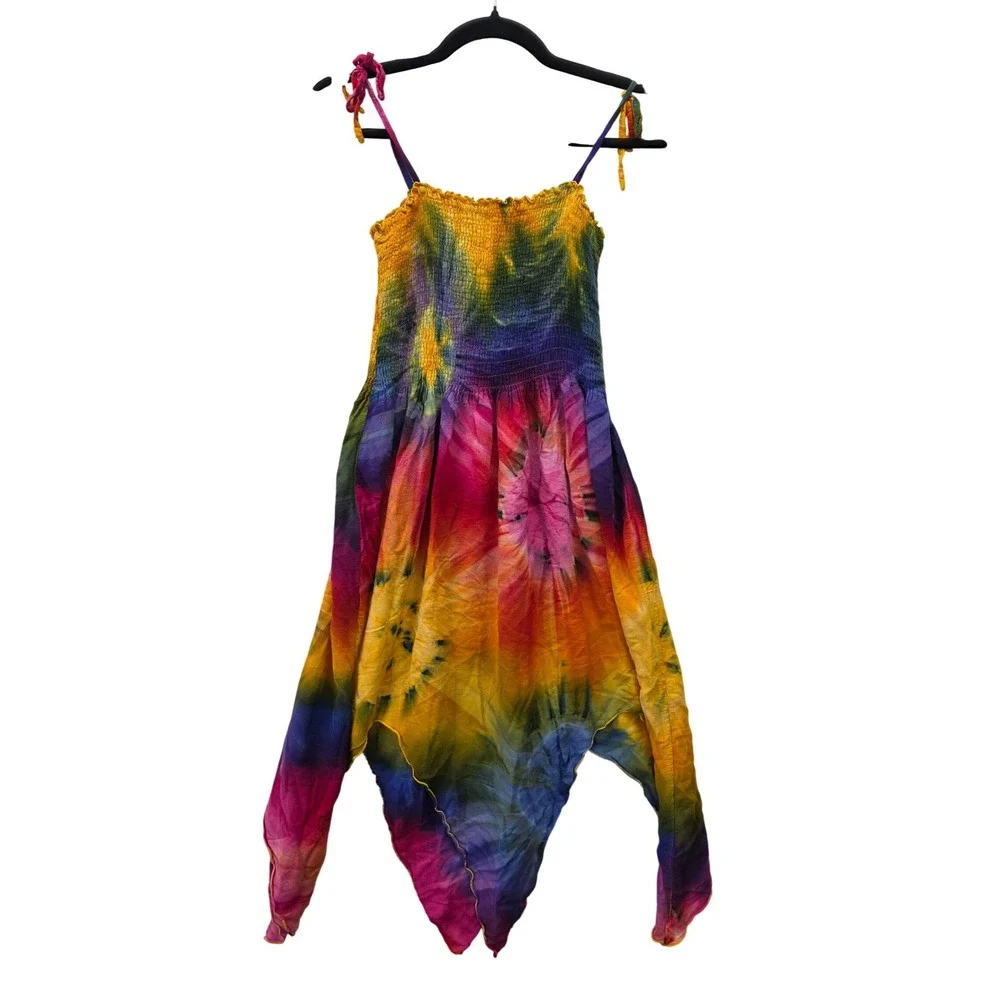 Peaceful People Tie Dye Smocked Handkerchief Hem Dress Rayon Rainbow Womens 12 - Picture 2 of 3